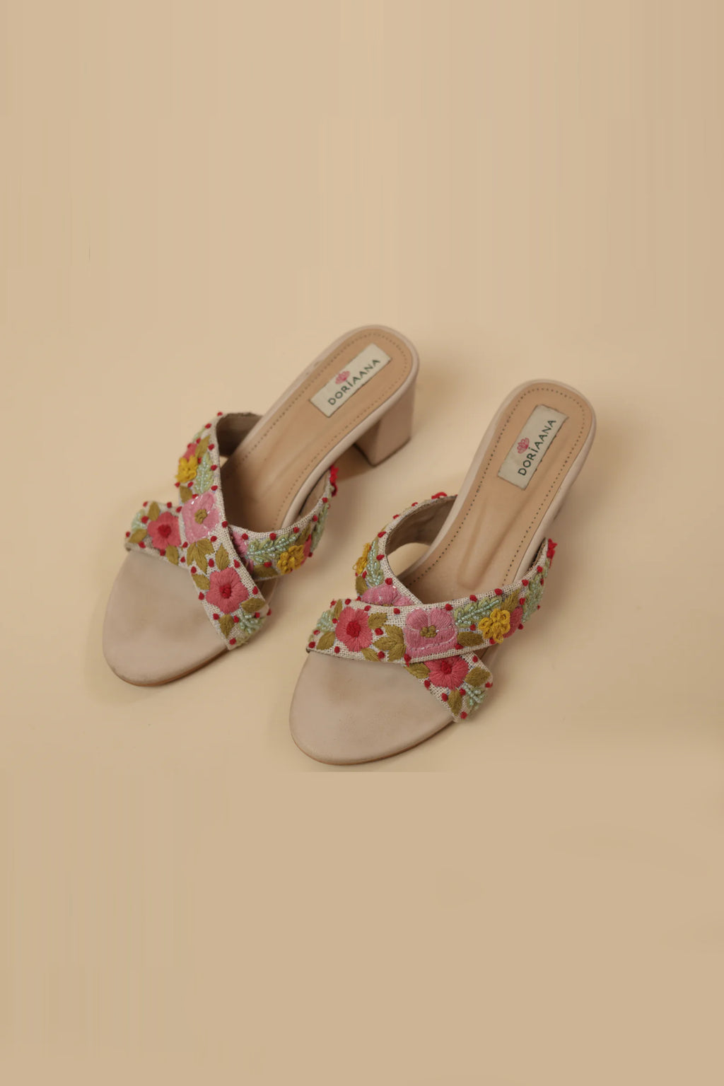 Floral Hand-Embroidered Cross-Strap Block Heels