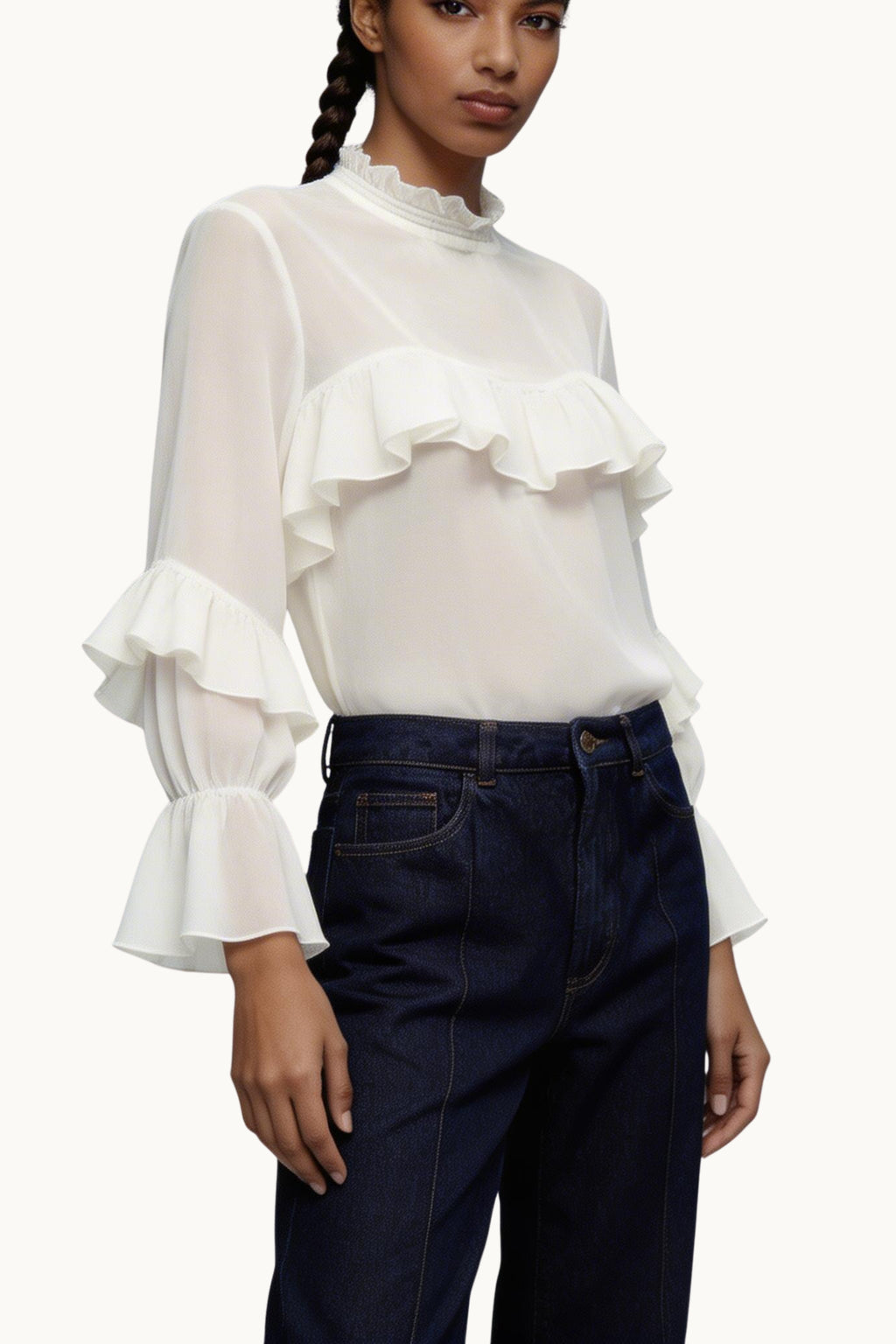 Sheer High-Neck Layered Ruffle Top