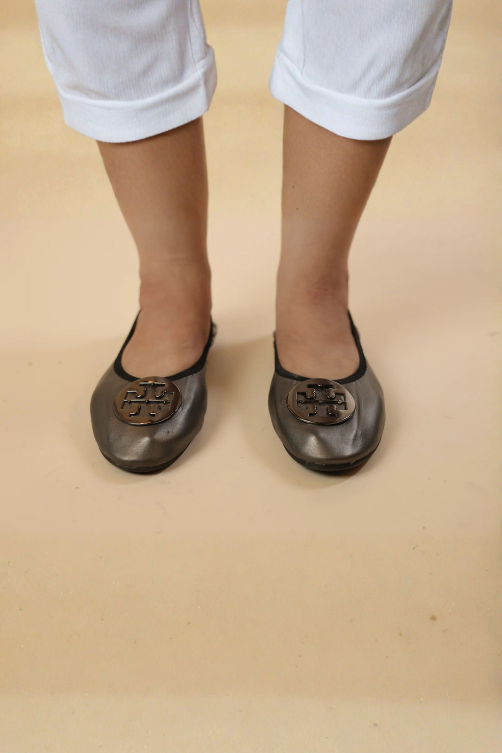 Metallic Grey Round-Toe Flats