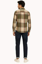 Olive and Rust Flannel-Style Plaid Shirt