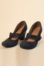 Navy Blue Suede Mary Jane Block Heel Shoes