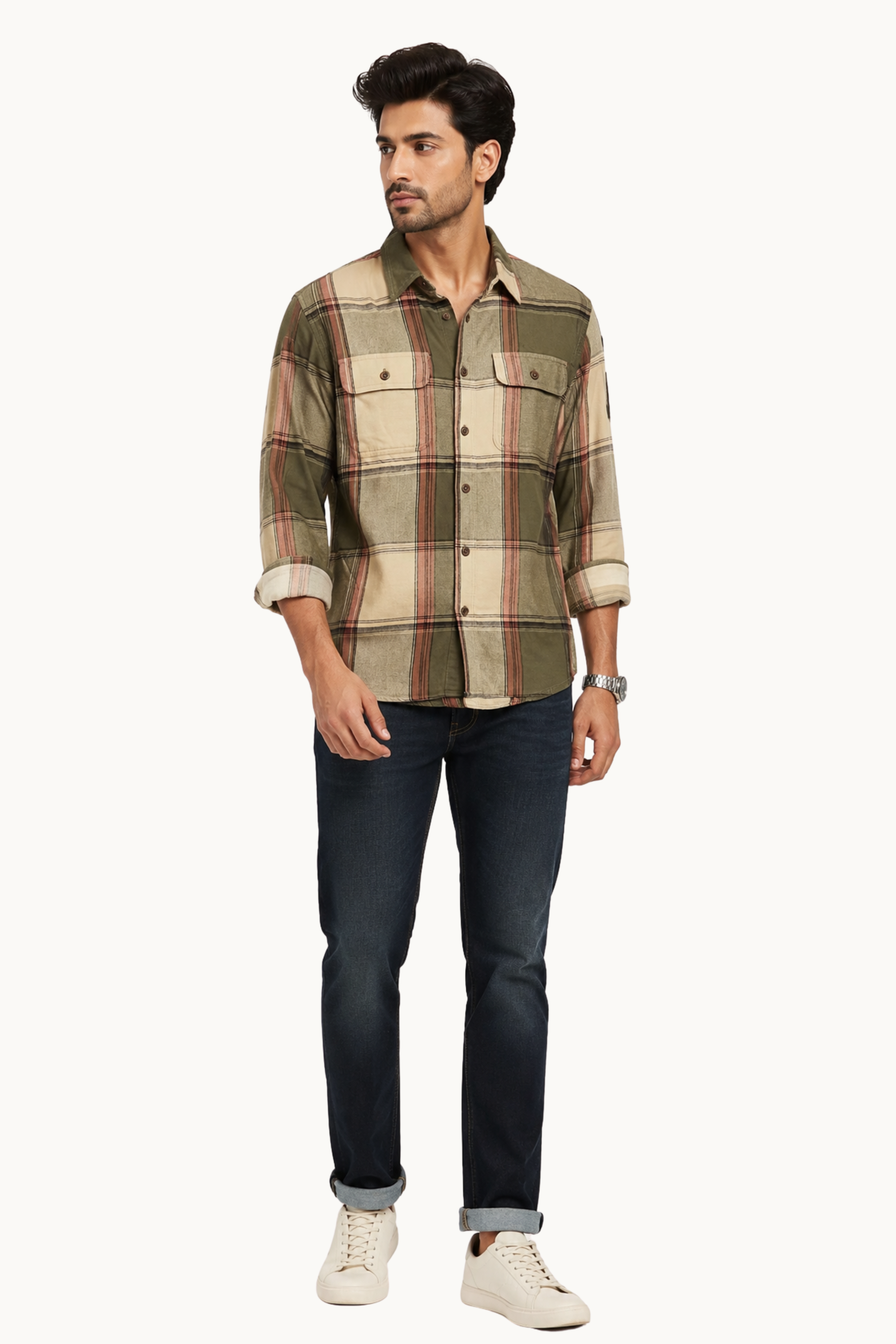 Olive and Rust Flannel-Style Plaid Shirt