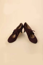 Wine Suede Lace-Up Heeled Pumps for Women