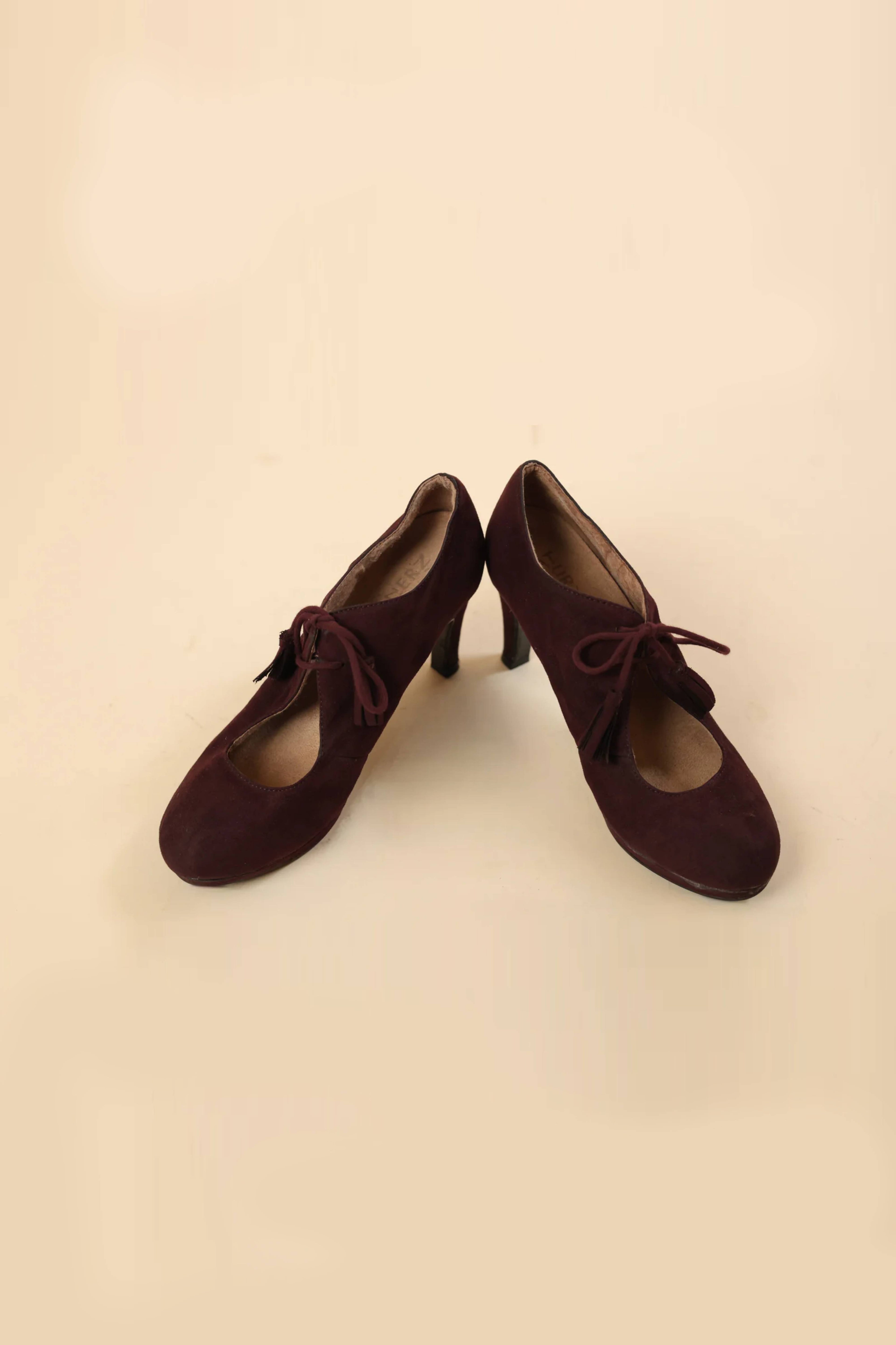 Wine Suede Lace-Up Heeled Pumps for Women
