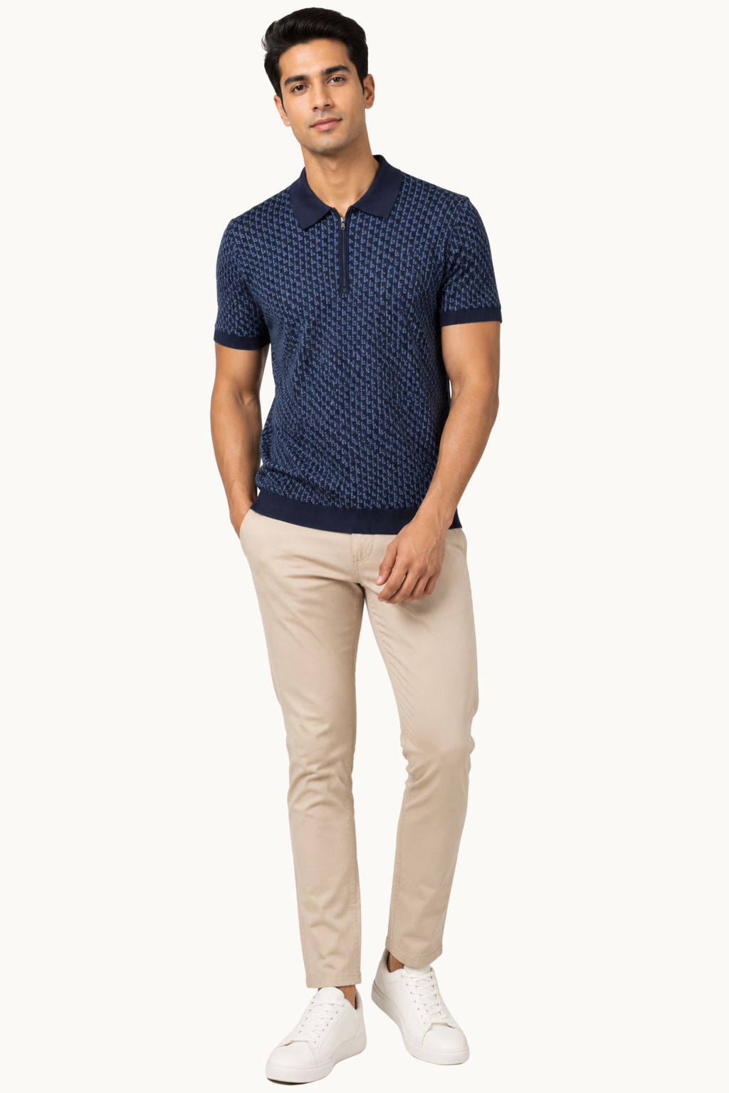 Geometric Knit Polo – Navy