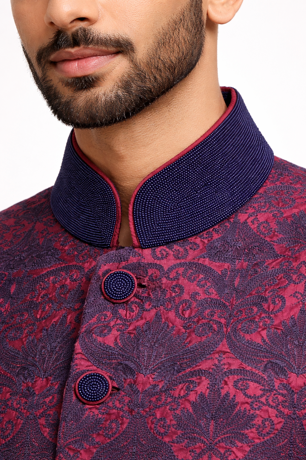Royal Maroon Patterned Sherwani with Navy Mandarin Collar