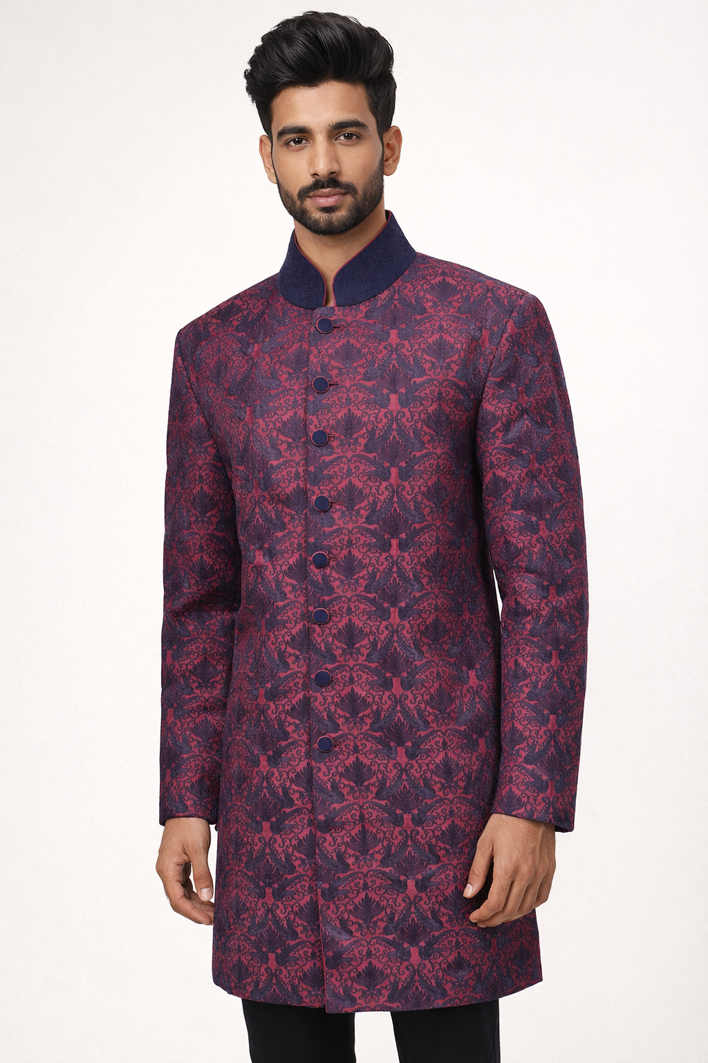Royal Maroon Patterned Sherwani with Navy Mandarin Collar