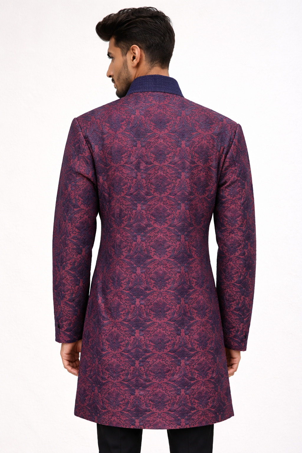 Royal Maroon Patterned Sherwani with Navy Mandarin Collar