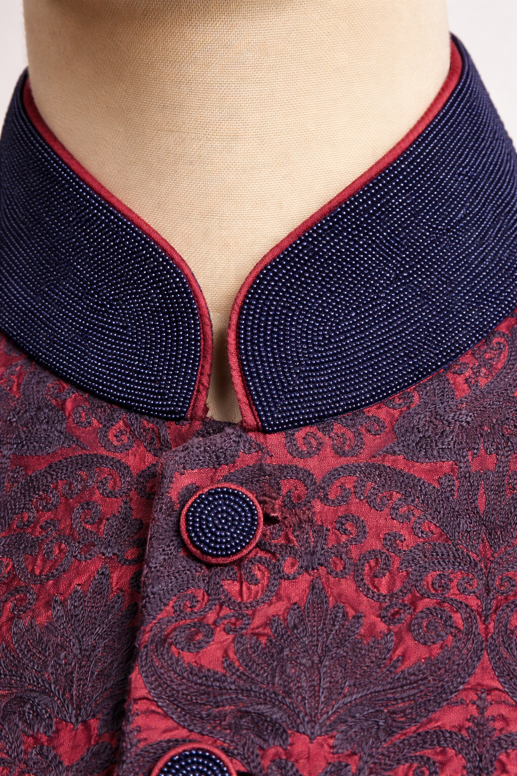 Royal Maroon Patterned Sherwani with Navy Mandarin Collar