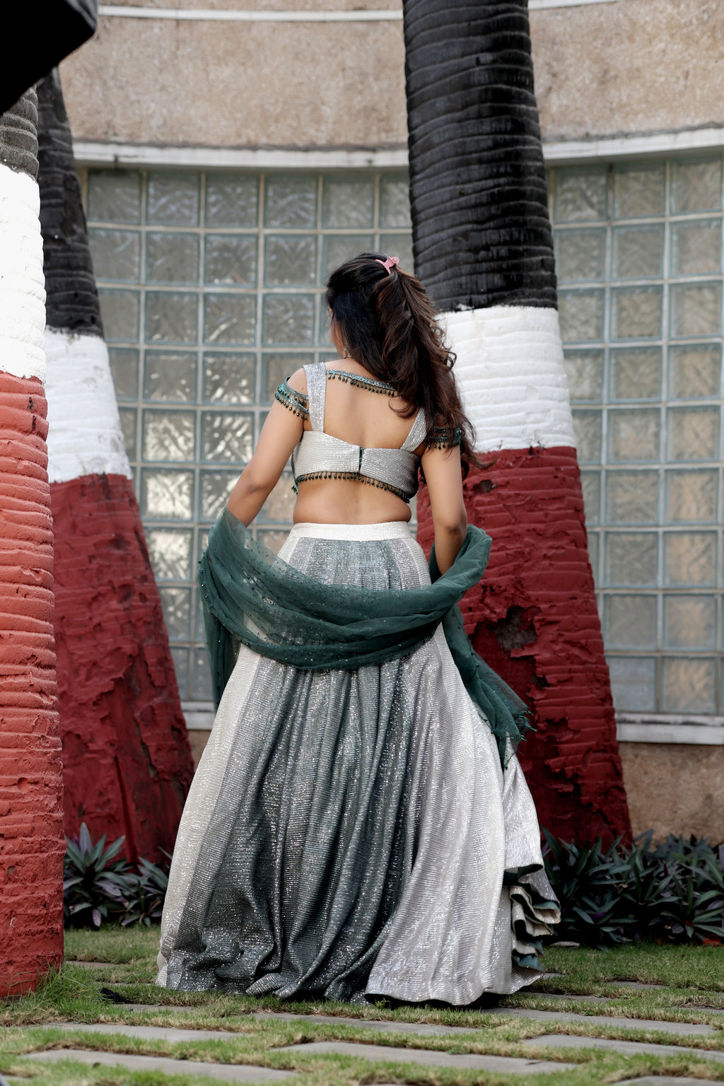 Charcoal Shimmer Lehenga with Beaded Cold-Shoulder Detail
