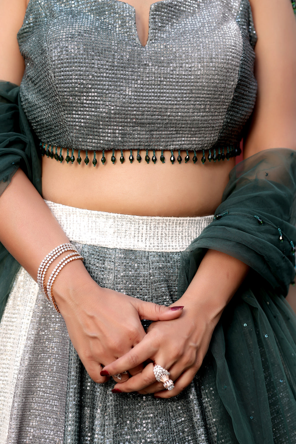 Charcoal Shimmer Lehenga with Beaded Cold-Shoulder Detail
