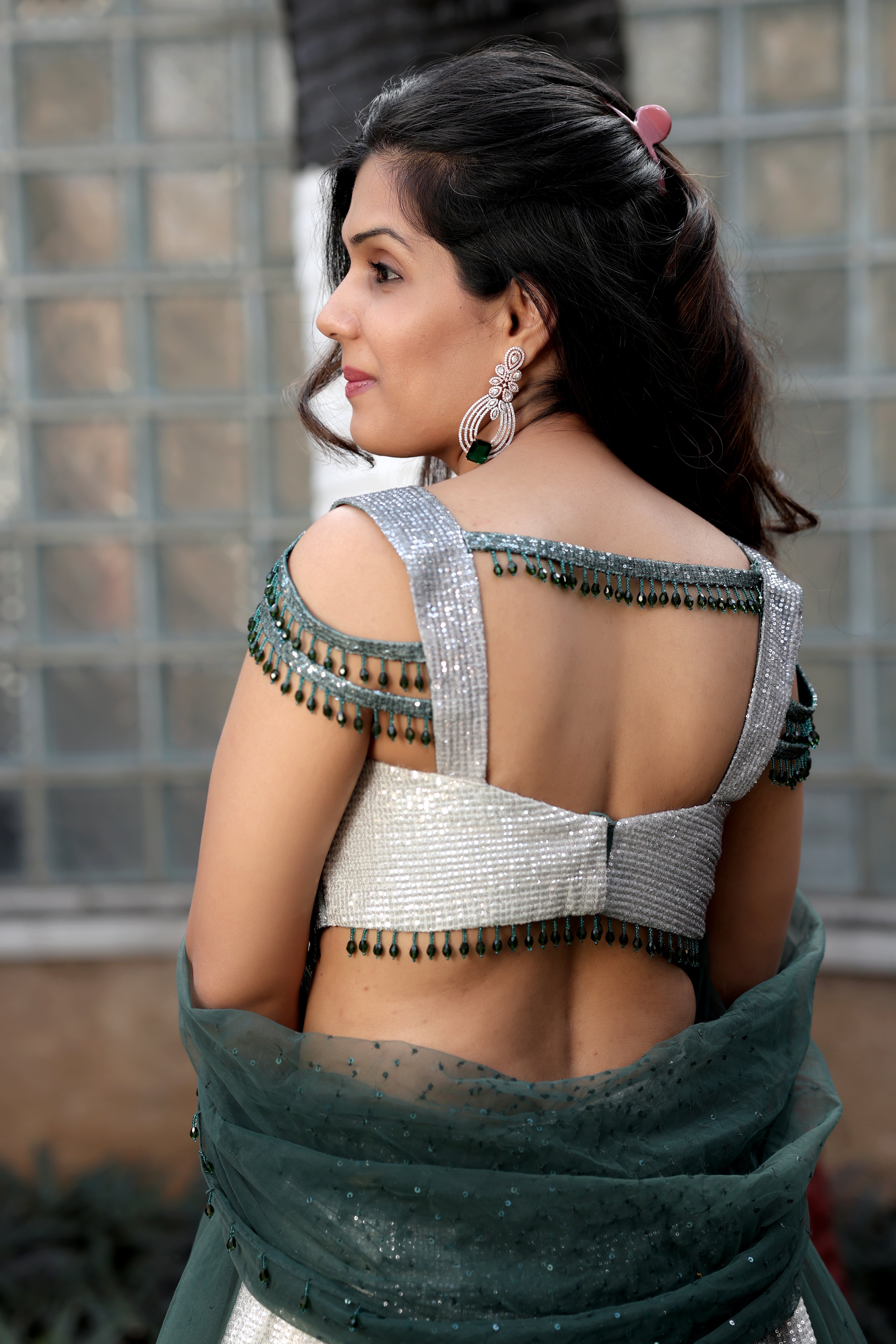 Charcoal Shimmer Lehenga with Beaded Cold-Shoulder Detail
