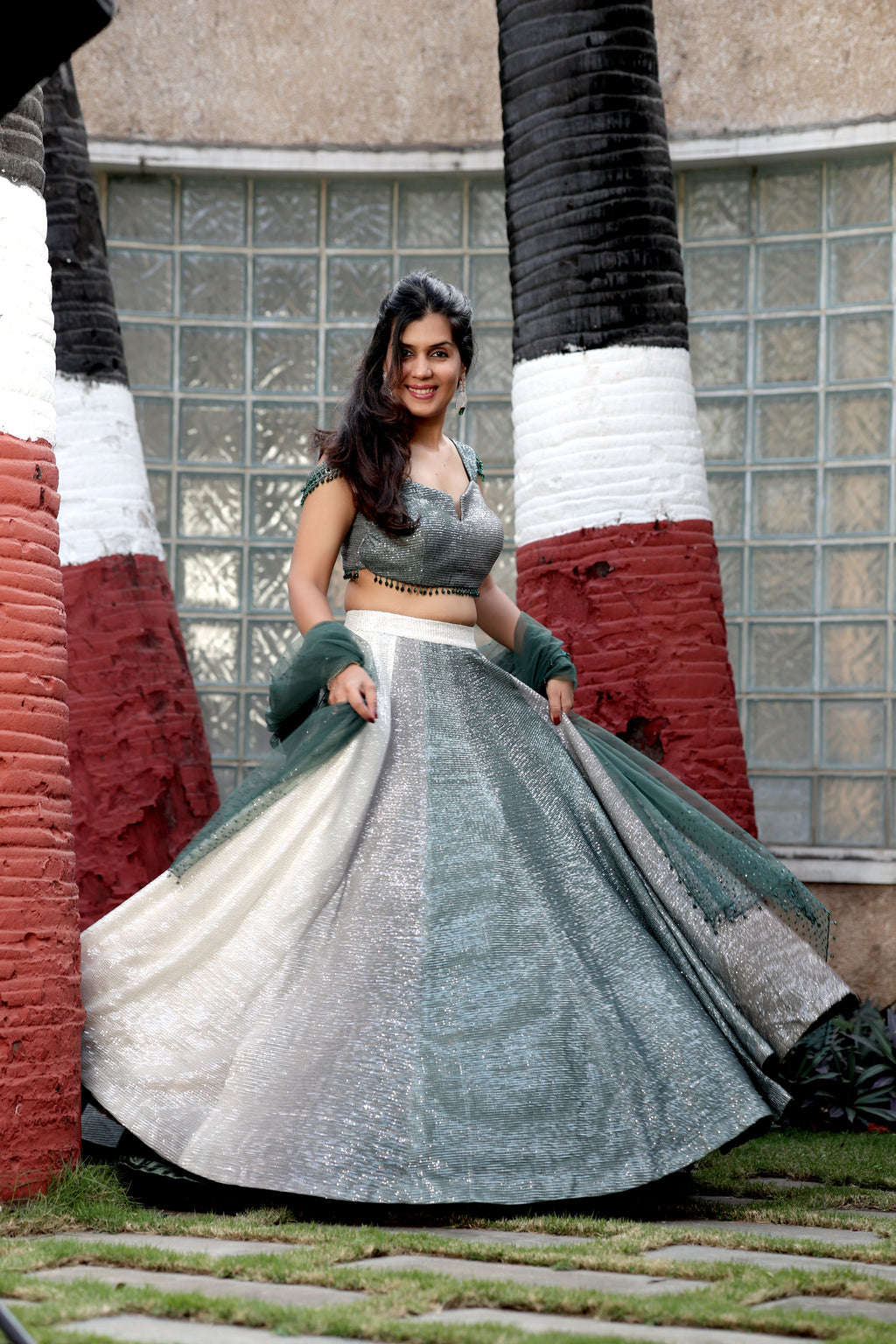 Charcoal Shimmer Lehenga with Beaded Cold-Shoulder Detail