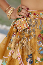 Mustard Silk Lehenga Set with Hand-Embroidered Folk Art Motifs