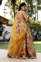 Mustard Silk Lehenga Set with Hand-Embroidered Folk Art Motifs