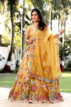 Mustard Silk Lehenga Set with Hand-Embroidered Folk Art Motifs