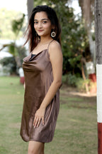 Chocolate Satin Cowl-Neck Slip Dress