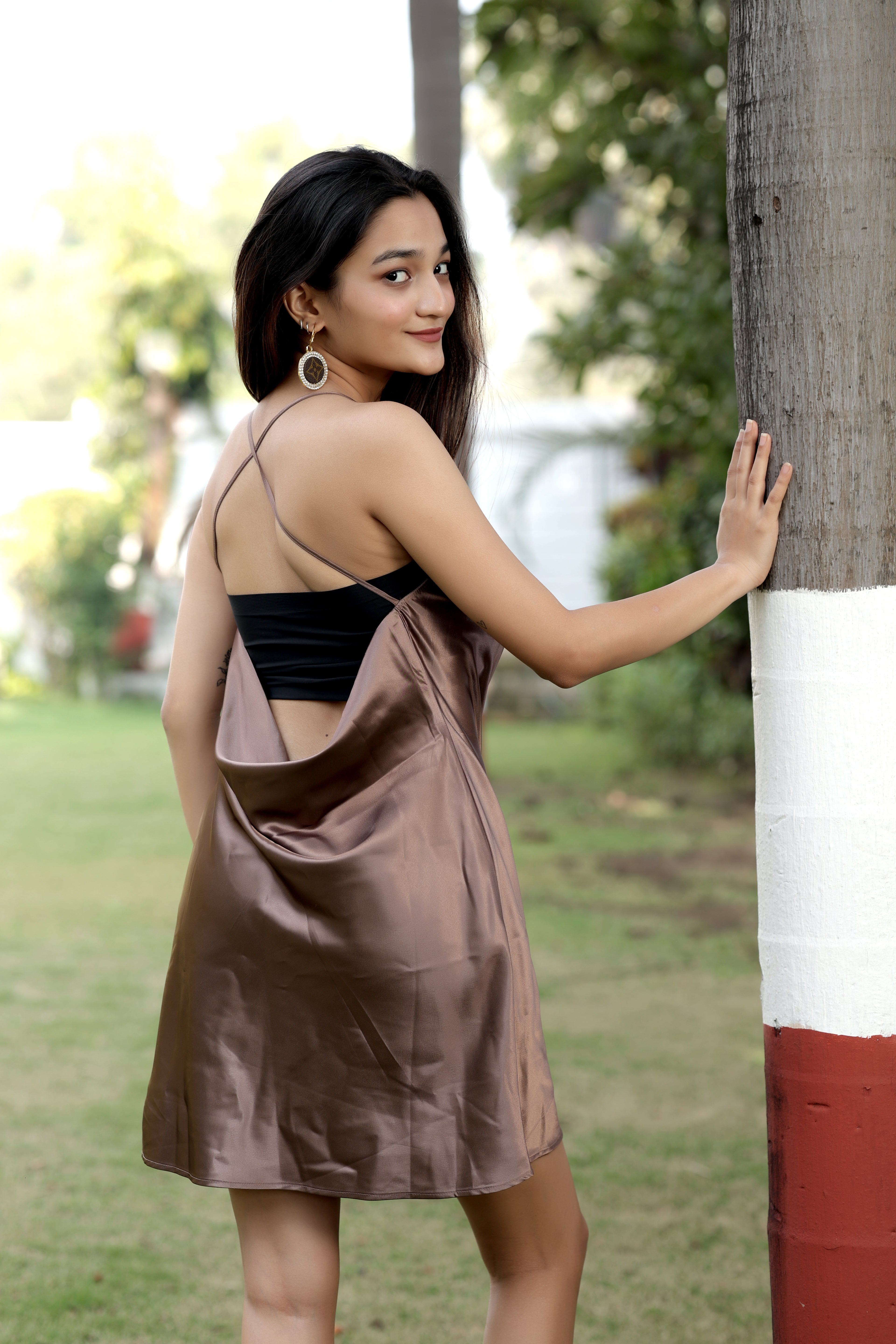 Chocolate Satin Cowl-Neck Slip Dress