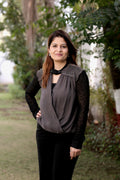 Charcoal Embellished Wrap Top with Sheer Polka Dot Sleeves