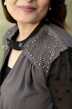 Charcoal Embellished Wrap Top with Sheer Polka Dot Sleeves