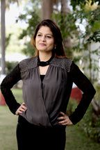 Charcoal Embellished Wrap Top with Sheer Polka Dot Sleeves