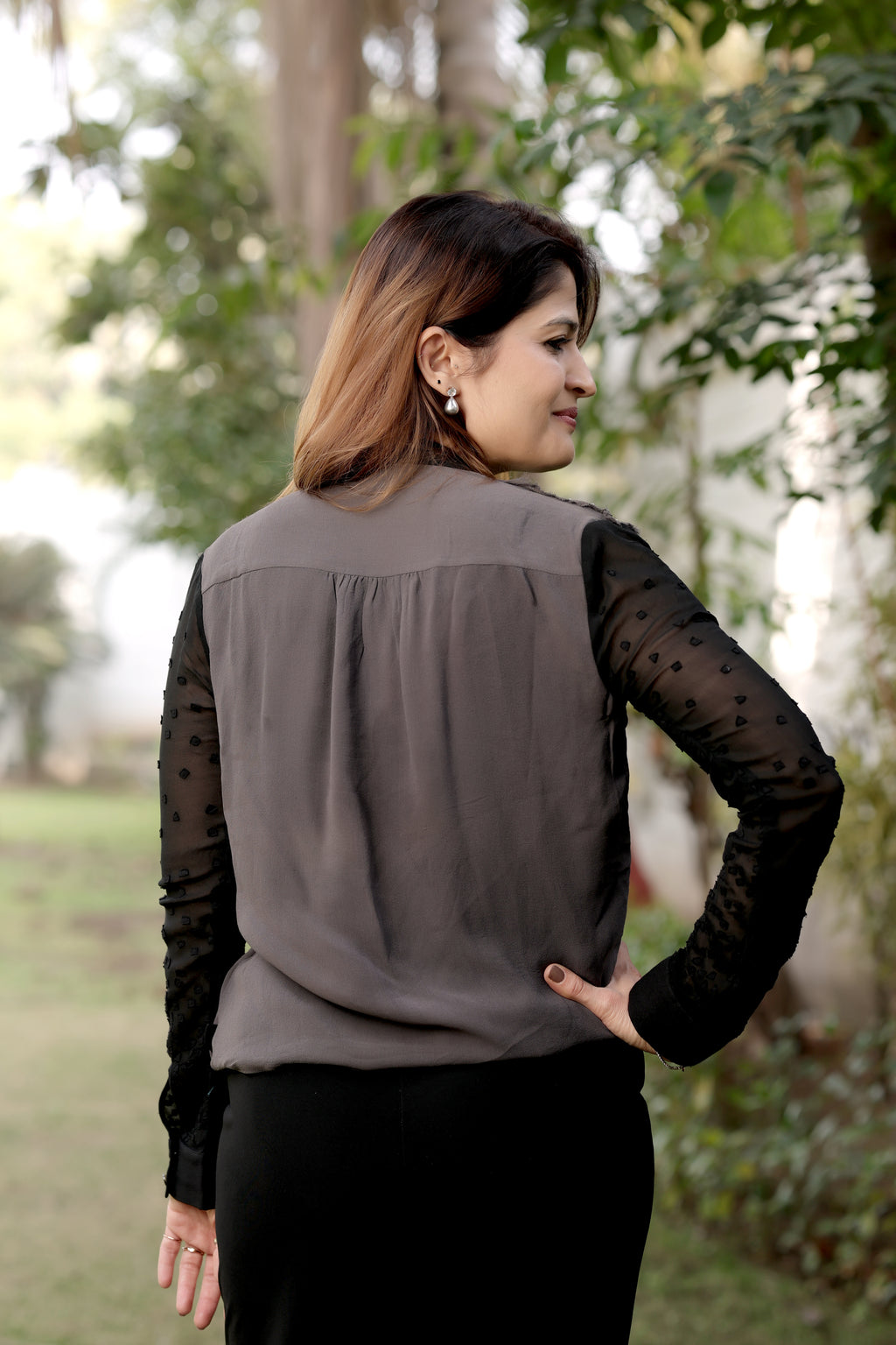 Charcoal Embellished Wrap Top with Sheer Polka Dot Sleeves