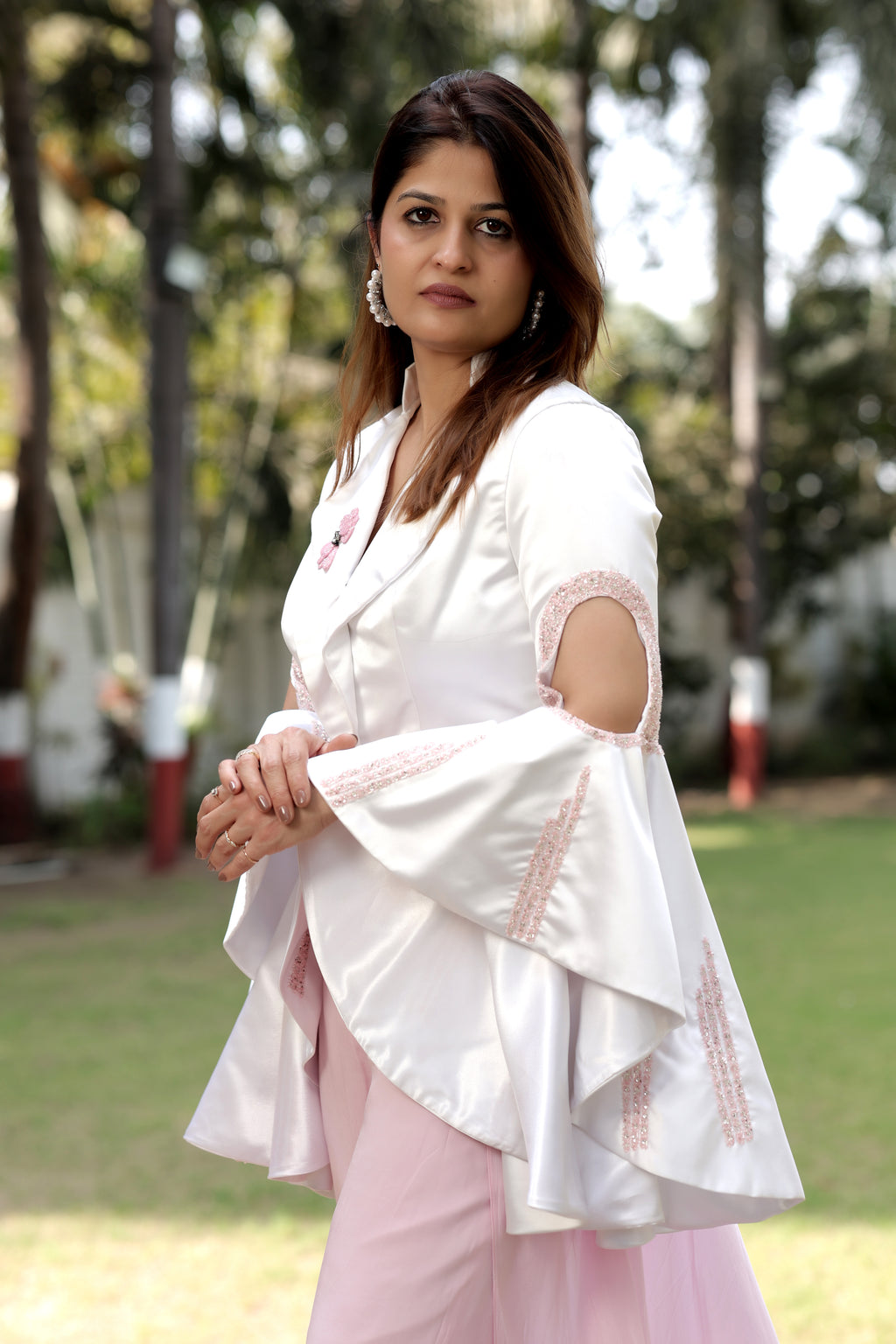Pestal Pink Palazzo & Structured Bell-Sleeve Blazer Set
