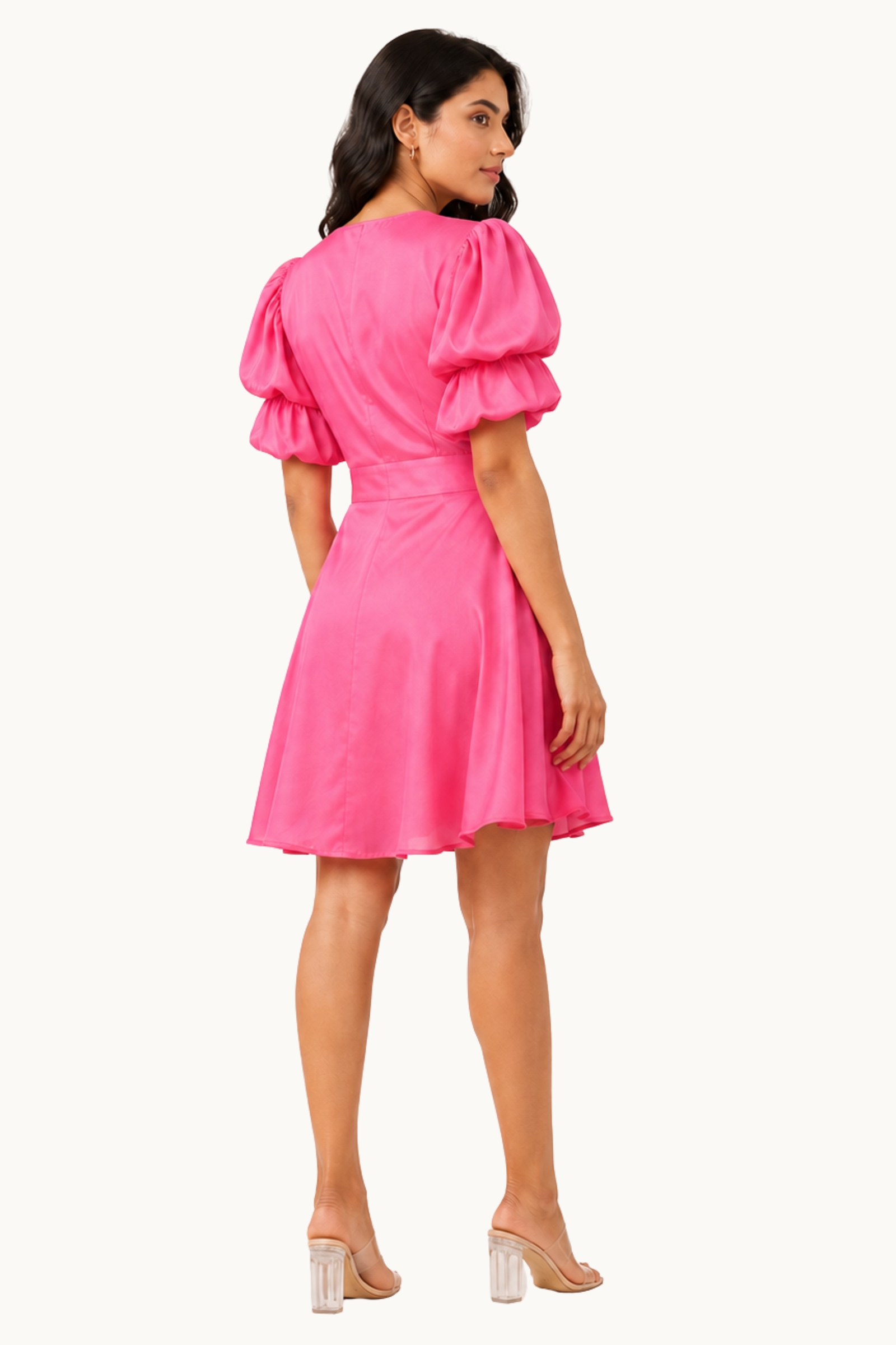 Hot Pink Tiered Puff Sleeve Dress