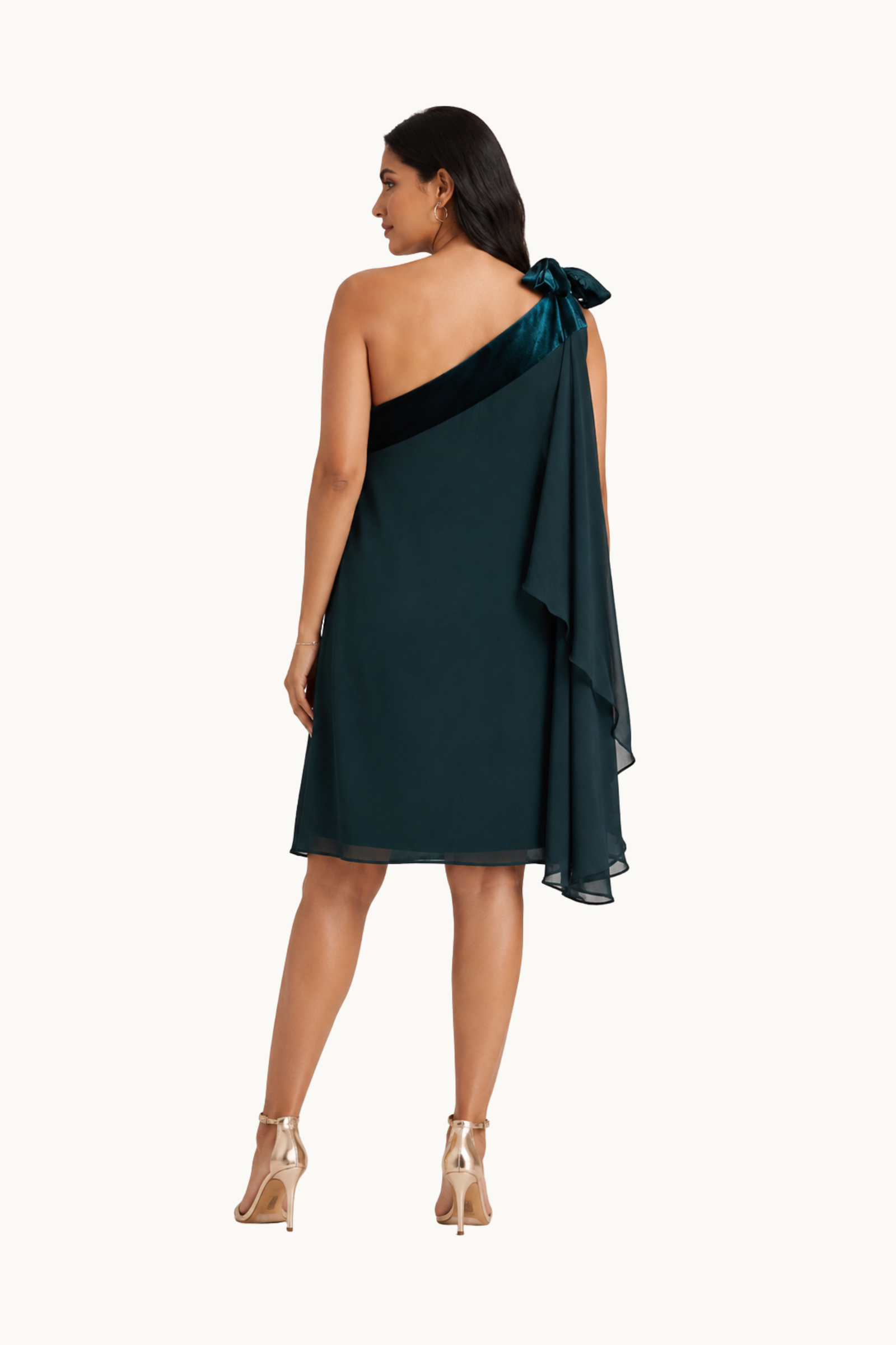 Emerald Green One-Shoulder Chiffon Dress with Velvet Trim & Bow