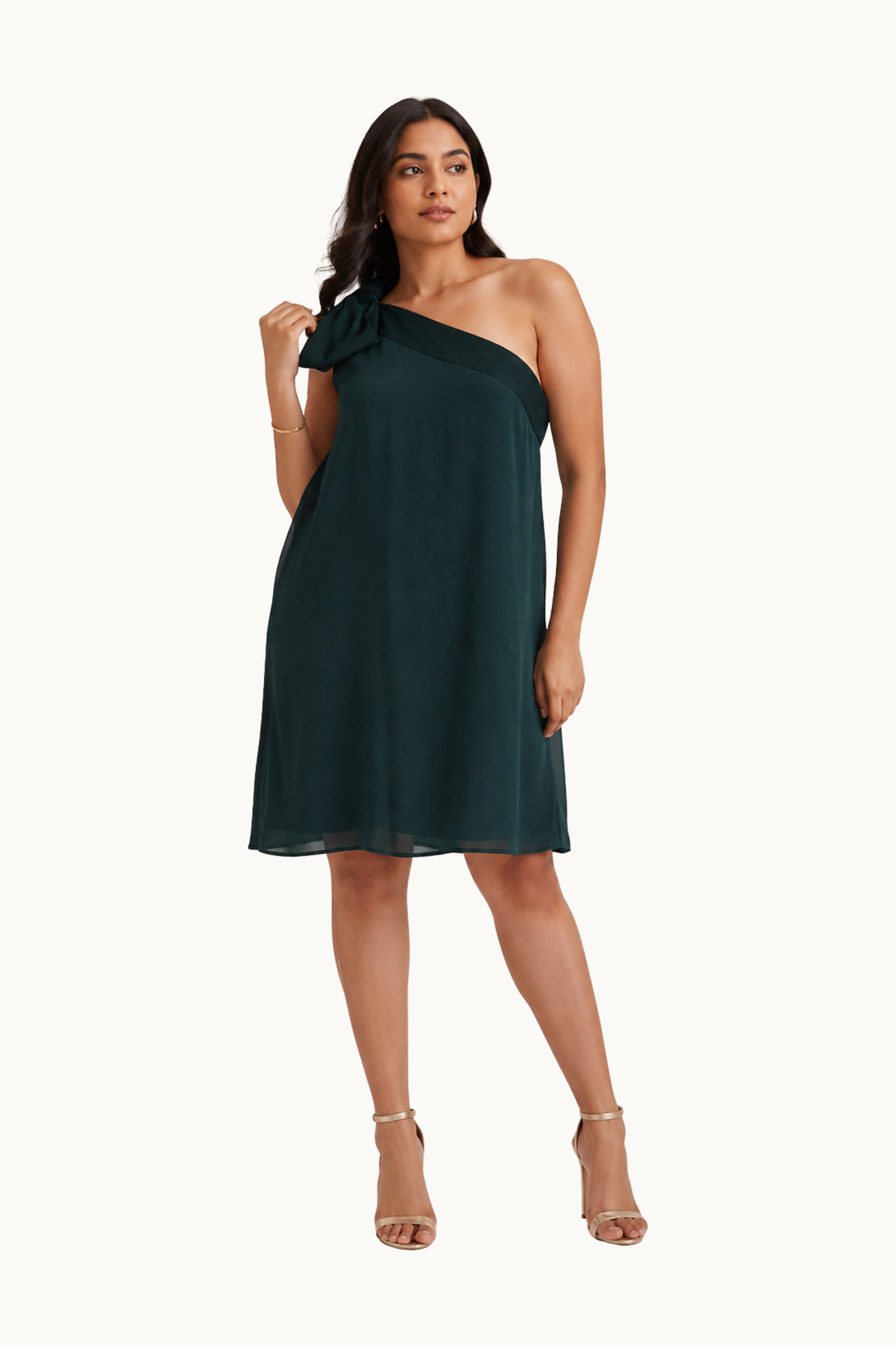 Emerald Green One-Shoulder Chiffon Dress with Velvet Trim & Bow