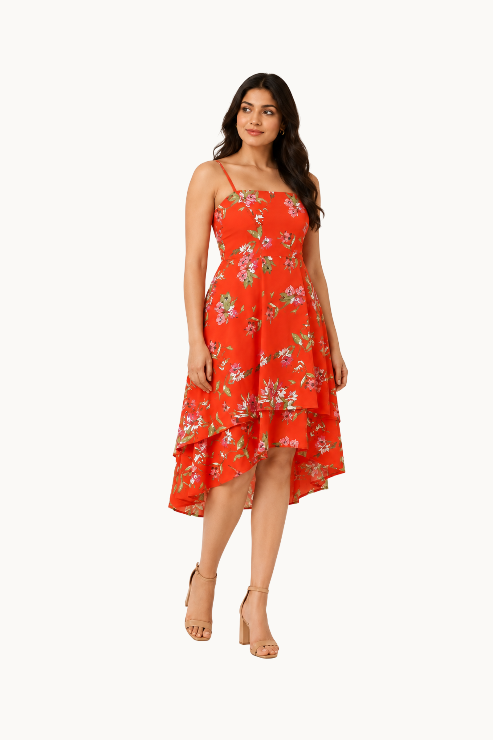 Vibrant Red Floral High-Low Tiered Dress