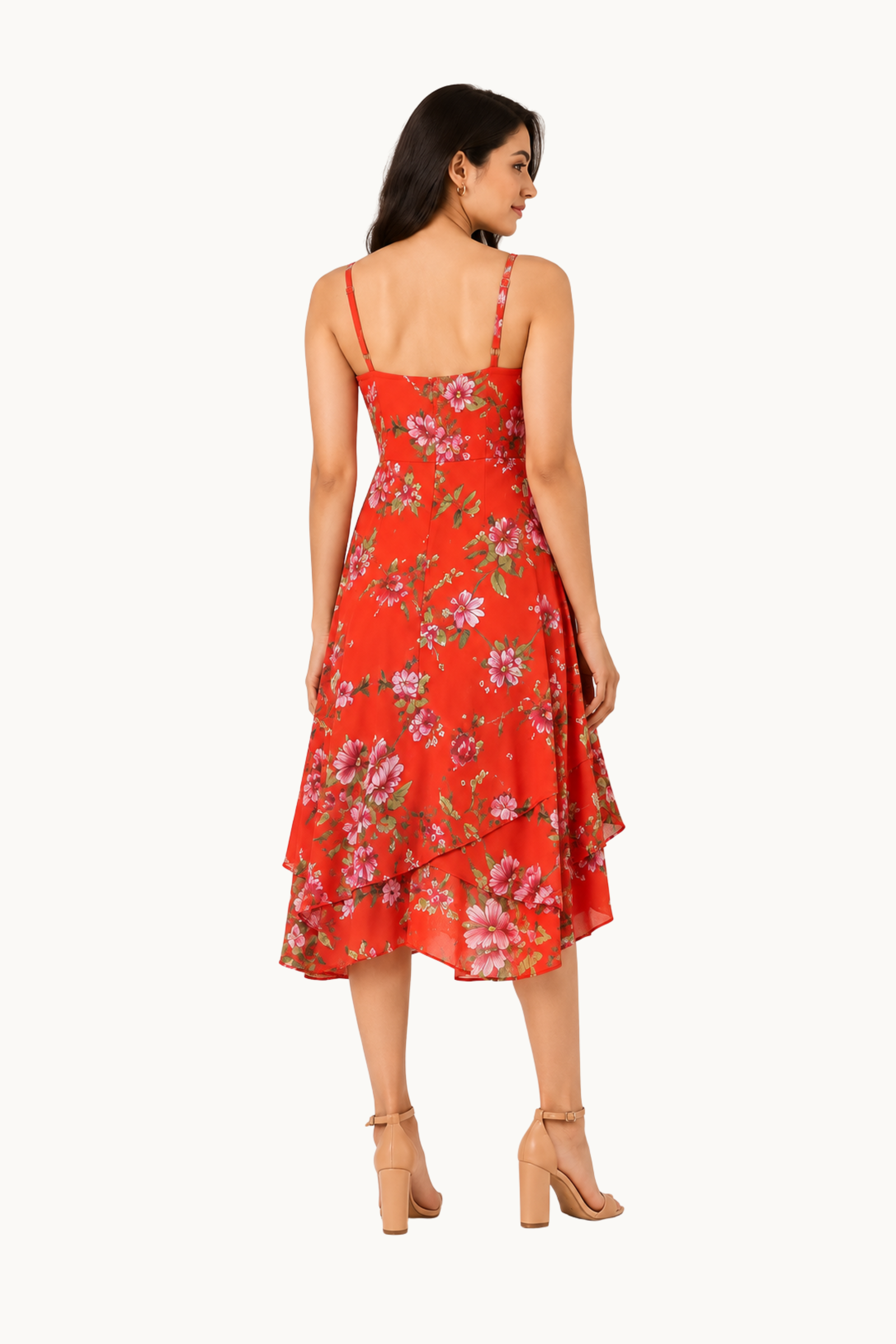 Vibrant Red Floral High-Low Tiered Dress