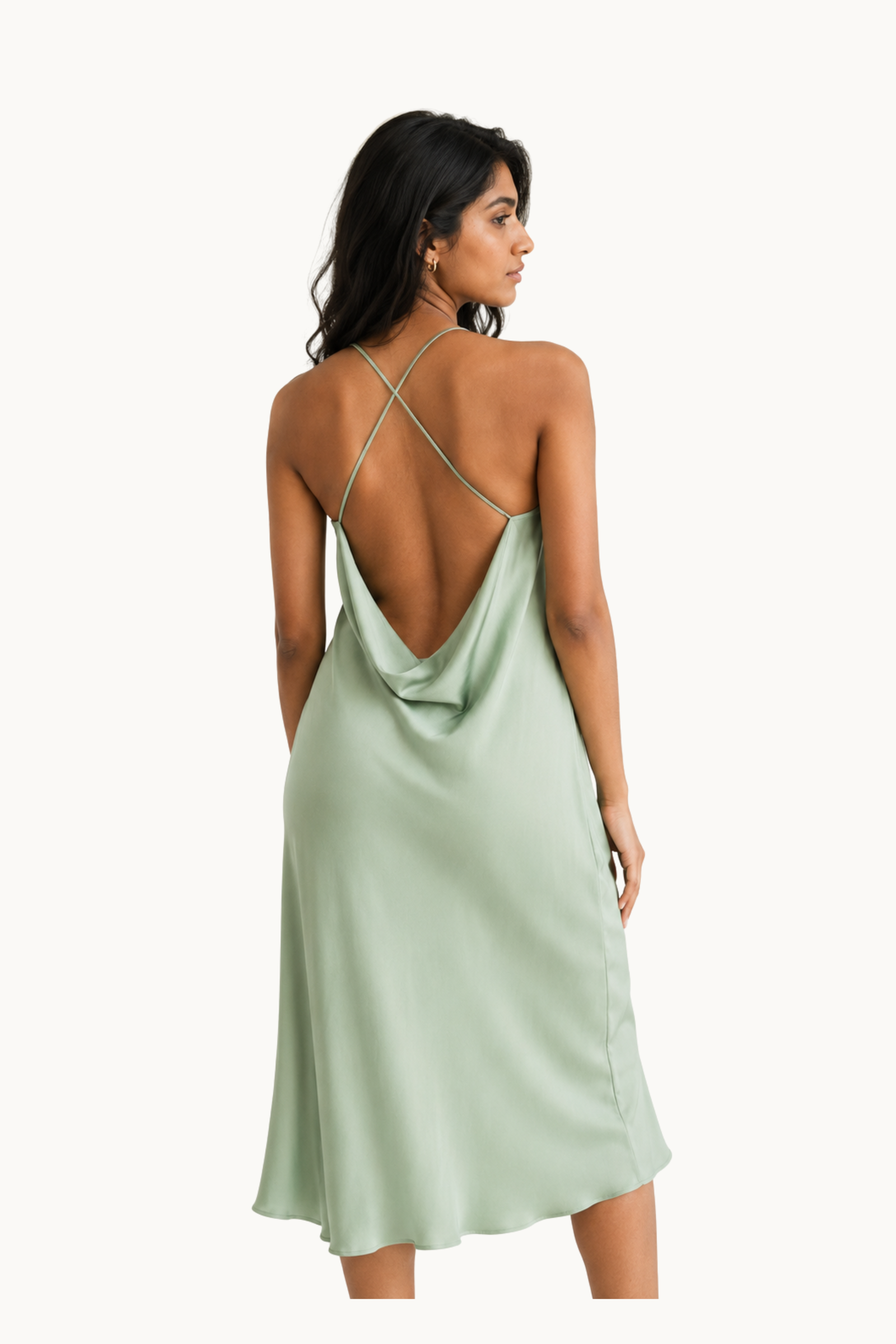Sage Green Cowl Back Satin Midi Dress