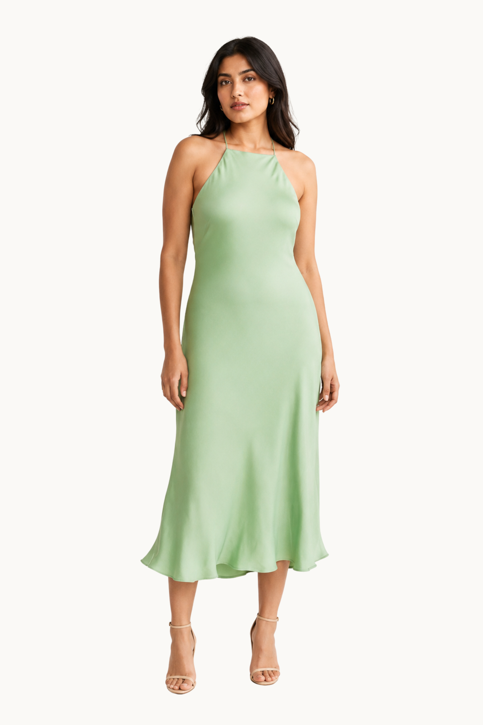 Sage Green Cowl Back Satin Midi Dress