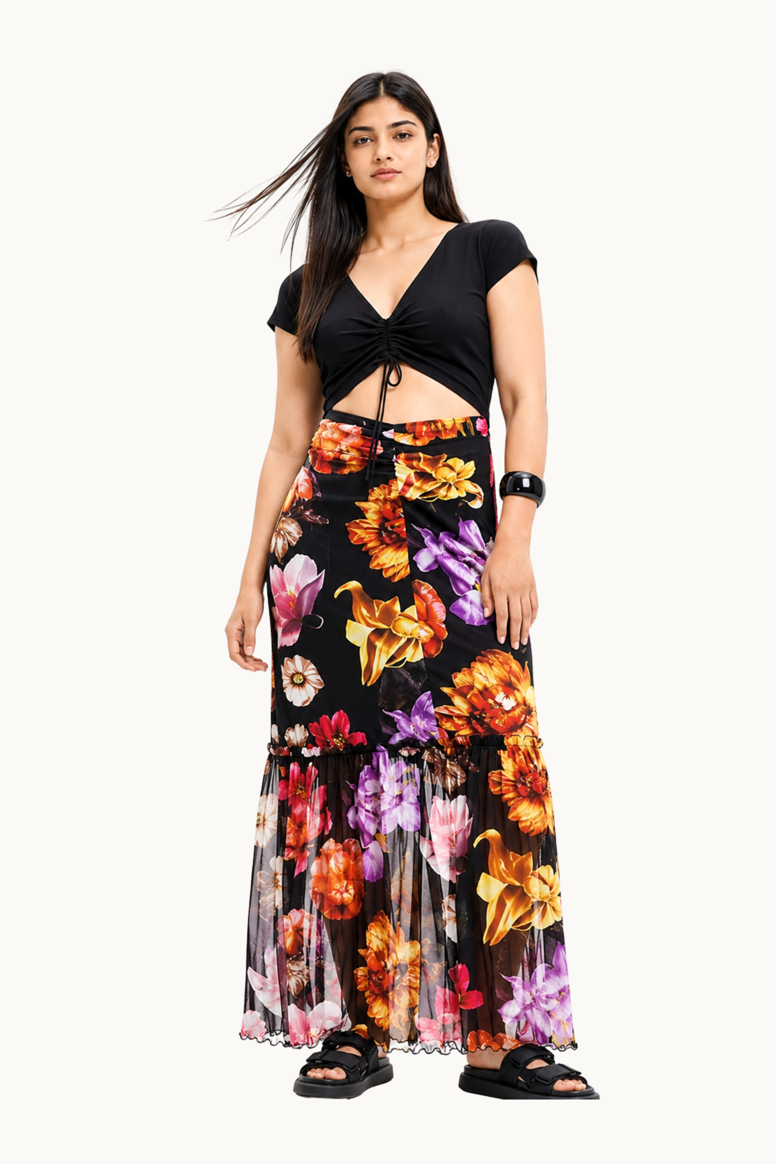 Black Ruched Cut-Out Maxi Dress with Floral Print