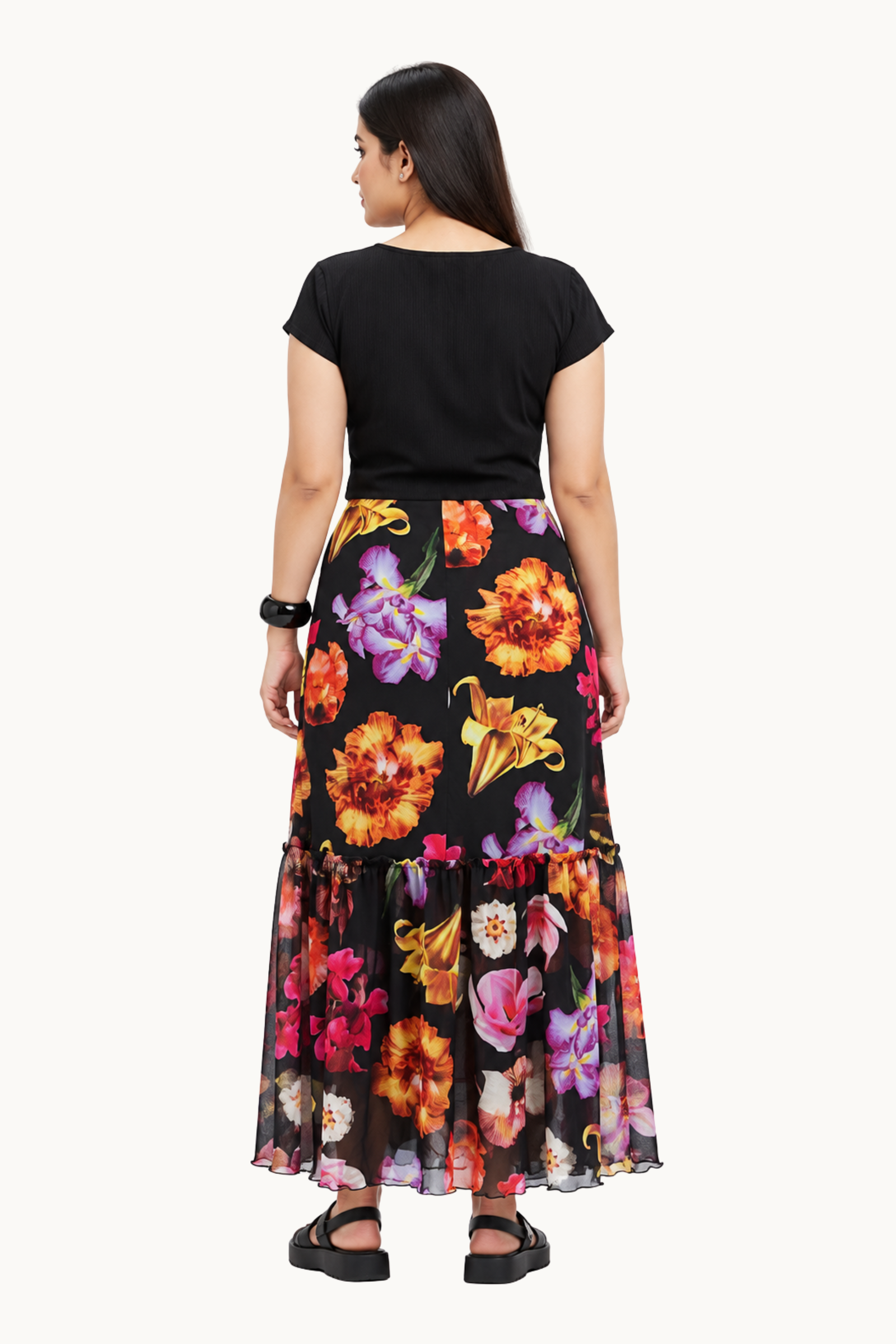 Black Ruched Cut-Out Maxi Dress with Floral Print