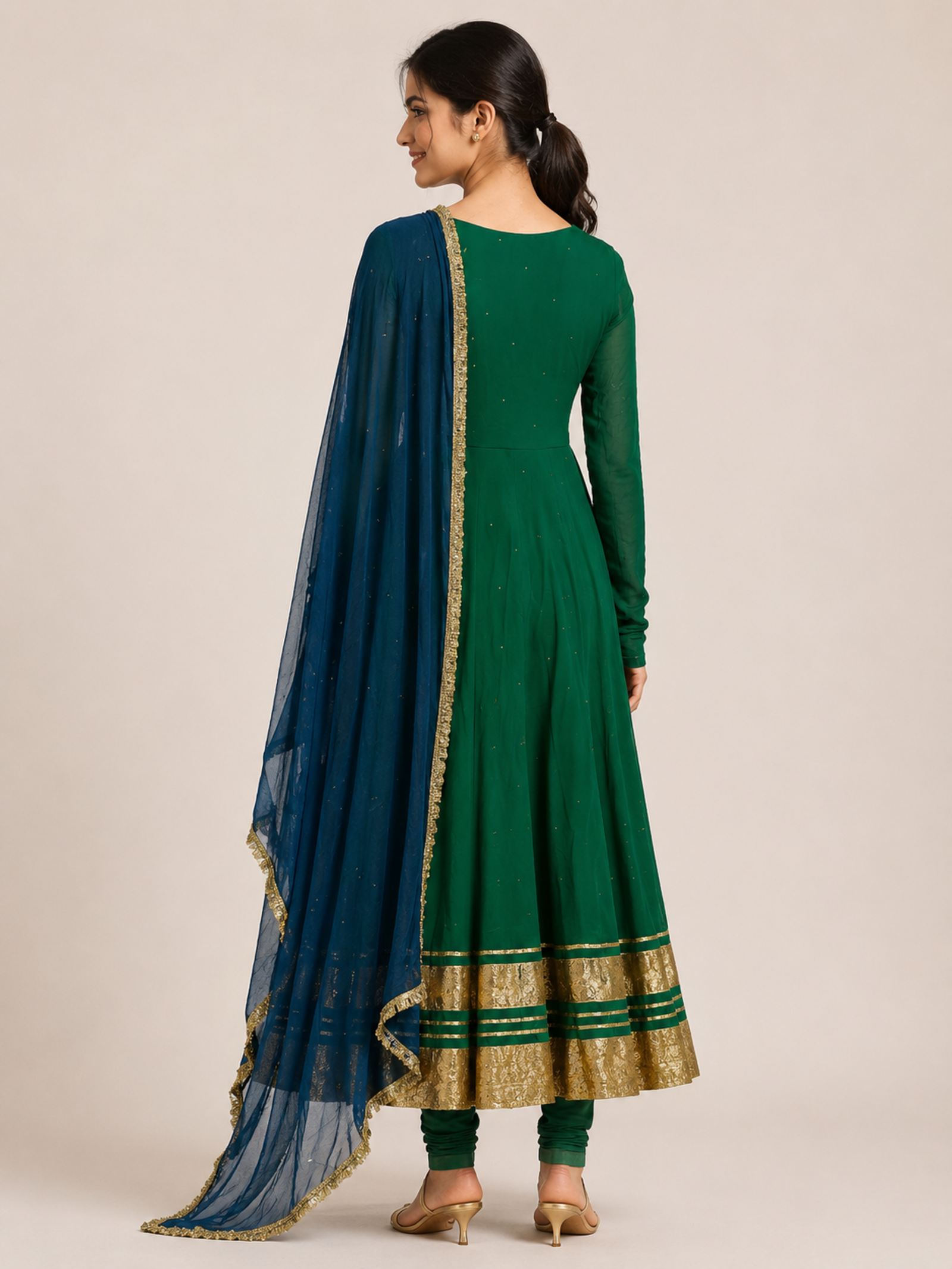 Emerald Green Georgette Anarkali Suit Set with Zari Border and Contrast Dupatta