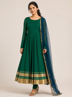 Emerald Green Georgette Anarkali Suit Set with Zari Border and Contrast Dupatta