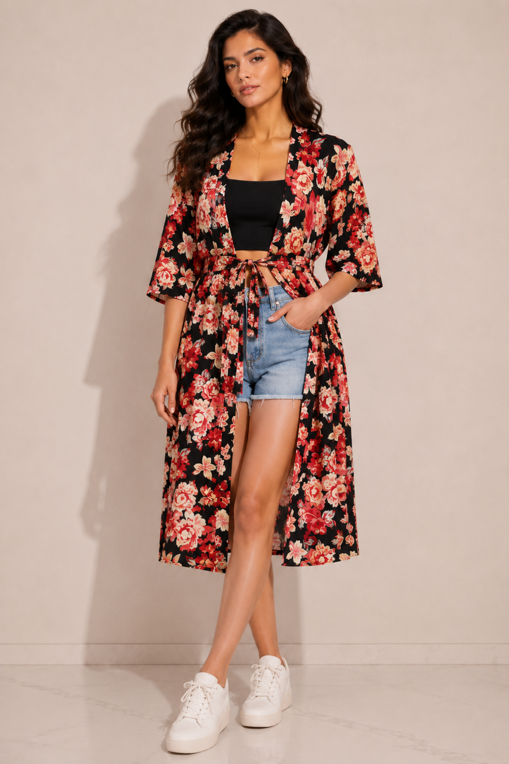 Floral Print Front-Tie Longline Shrug
