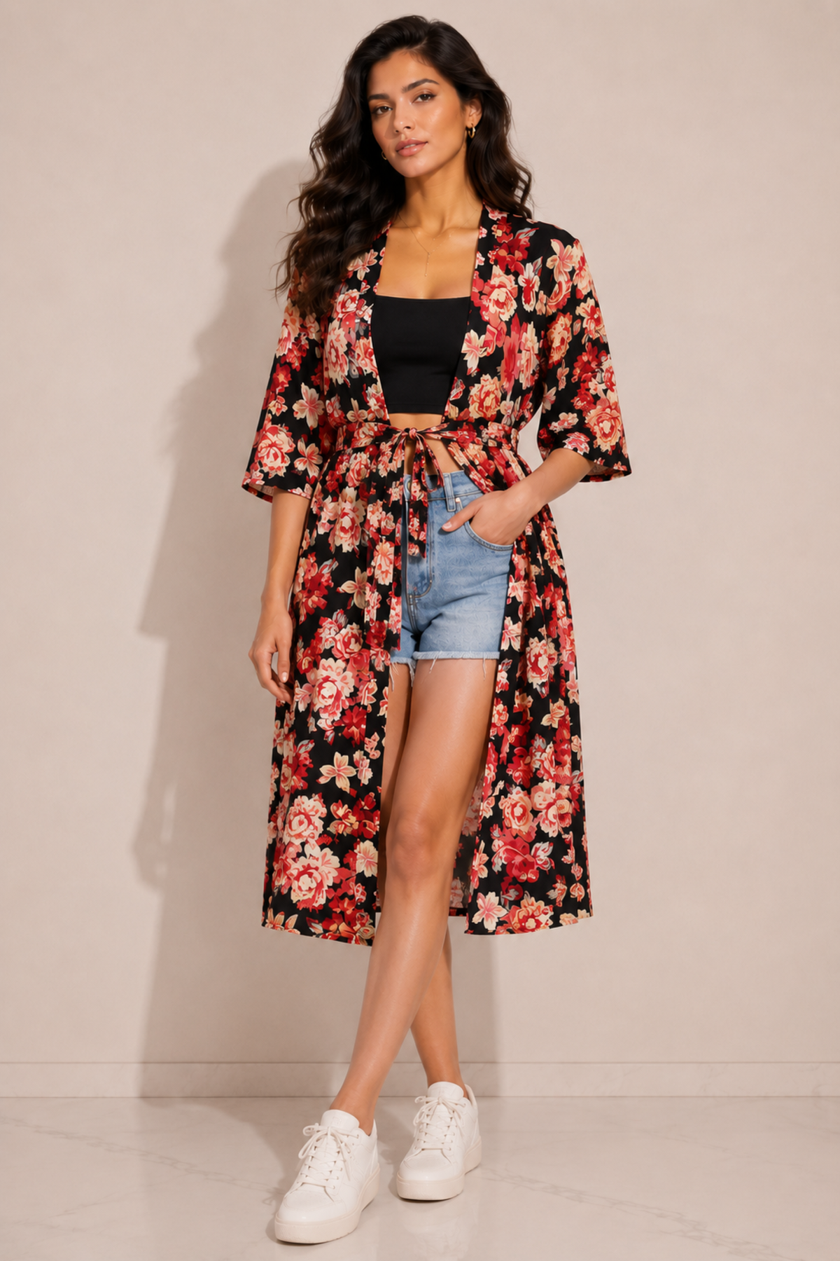 Floral Print Front-Tie Longline Shrug