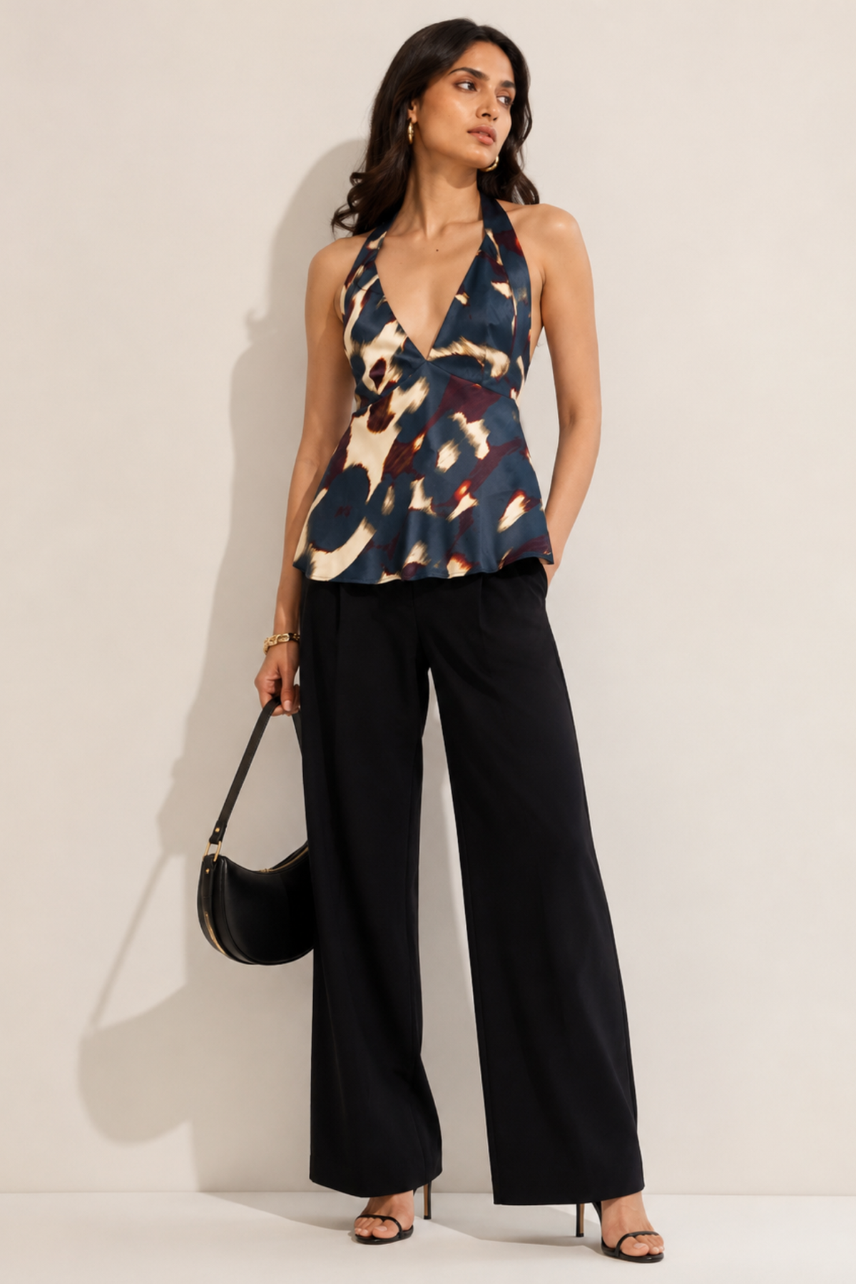 Abstract Print Satin Halter Neck Top