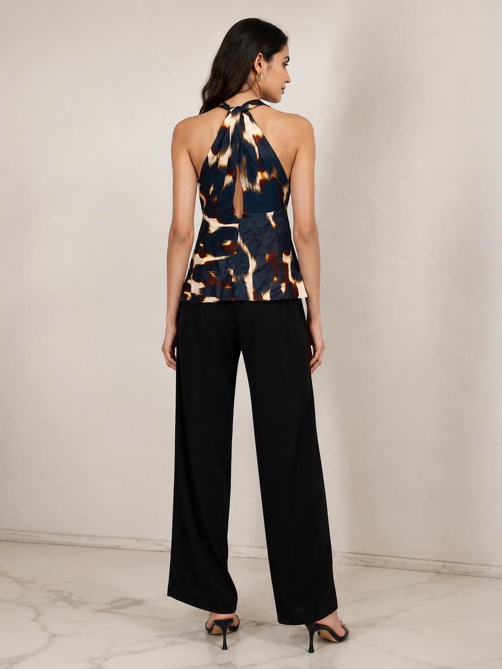 Abstract Print Satin Halter Neck Top