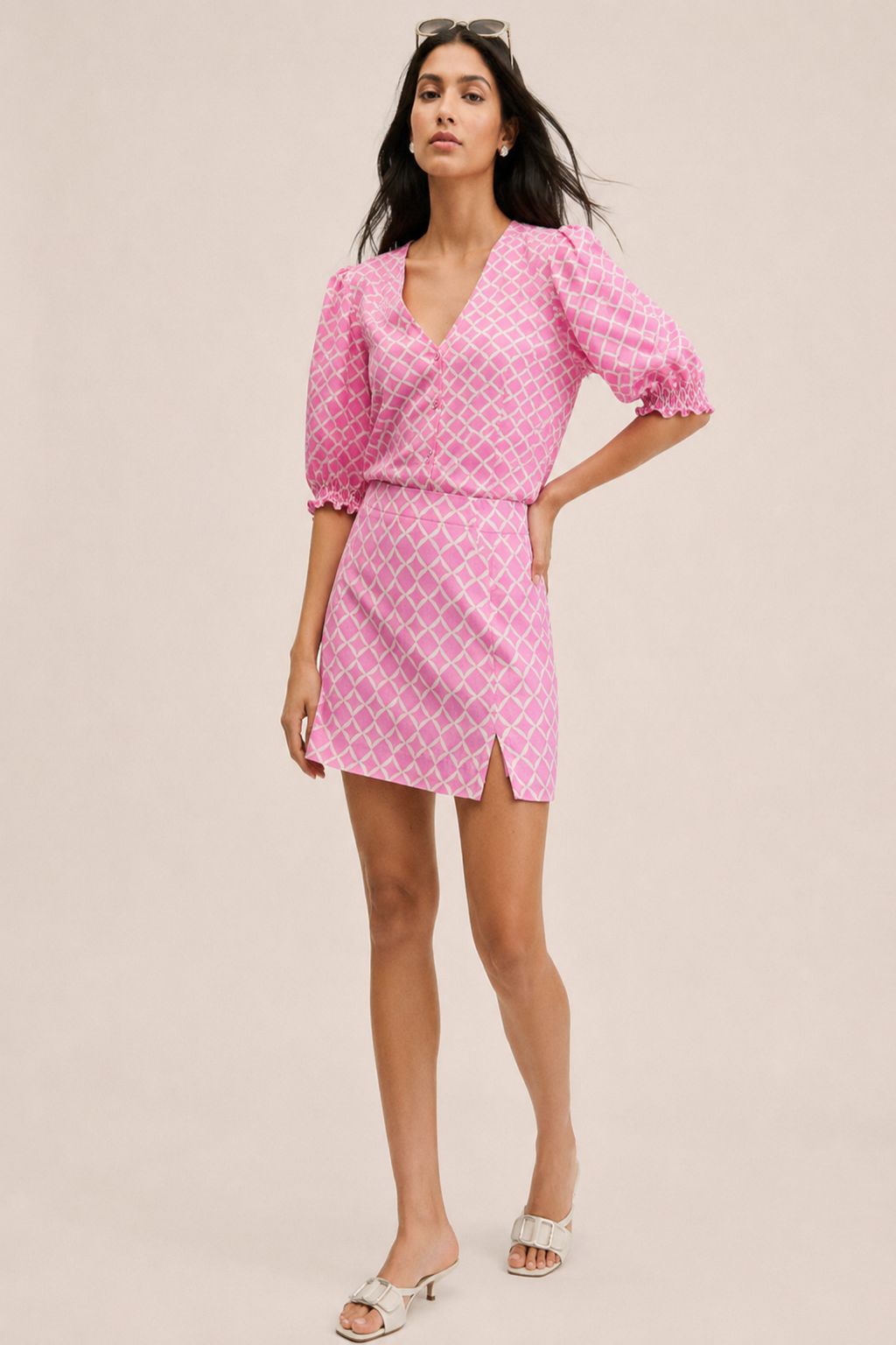 Pink Geometric Print V-Neck Top & Mini Skirt Co-ord Set