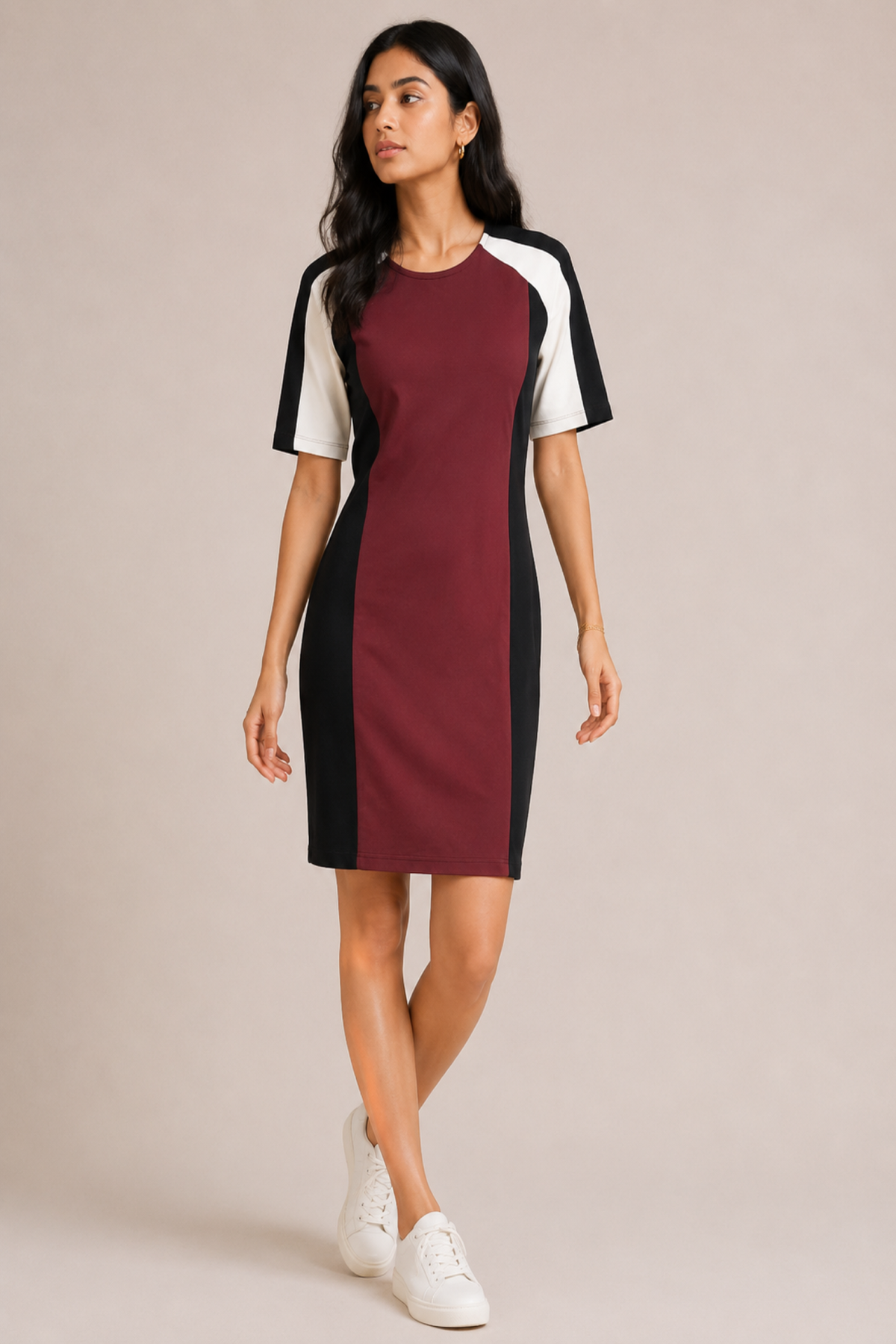 Burgundy & Black Colorblocked Sheath Dress