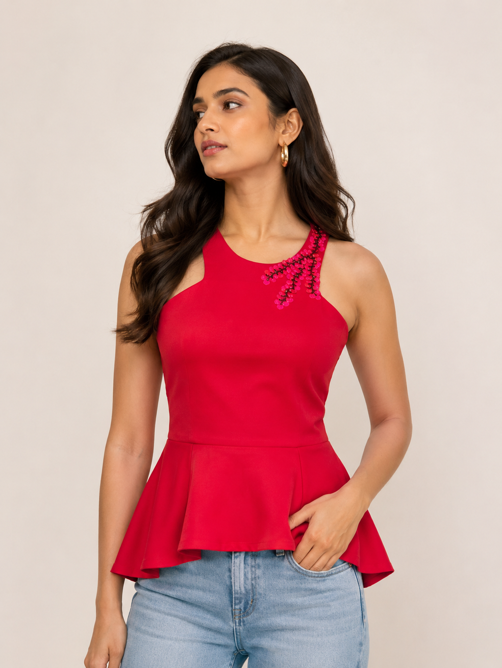Crimson Floral-Detail Peplum Top