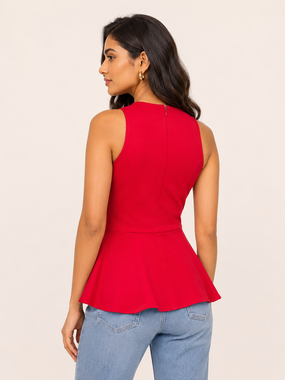 Crimson Floral-Detail Peplum Top
