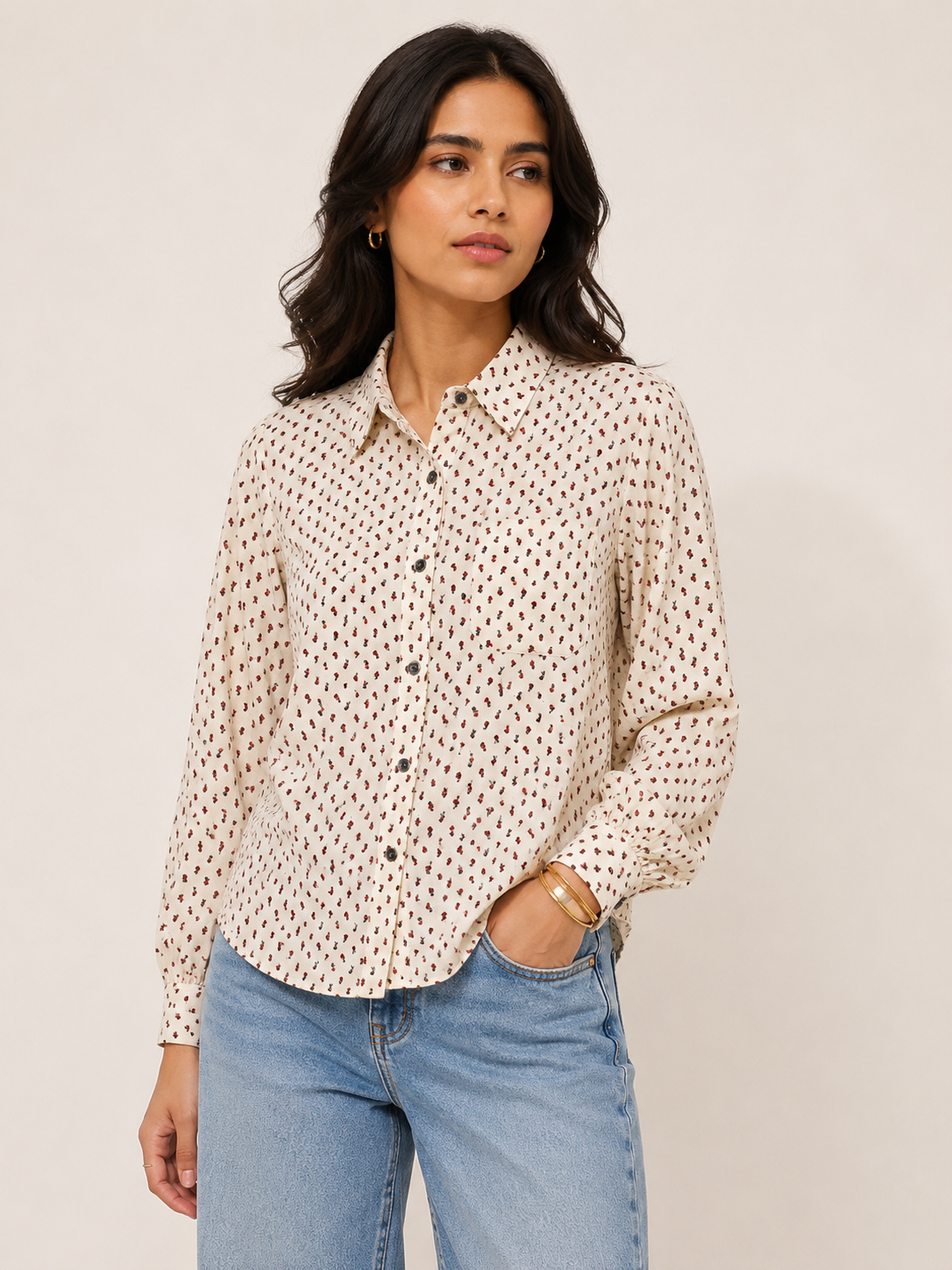 Vintage Cream Micro-Floral Print Utility Shirt