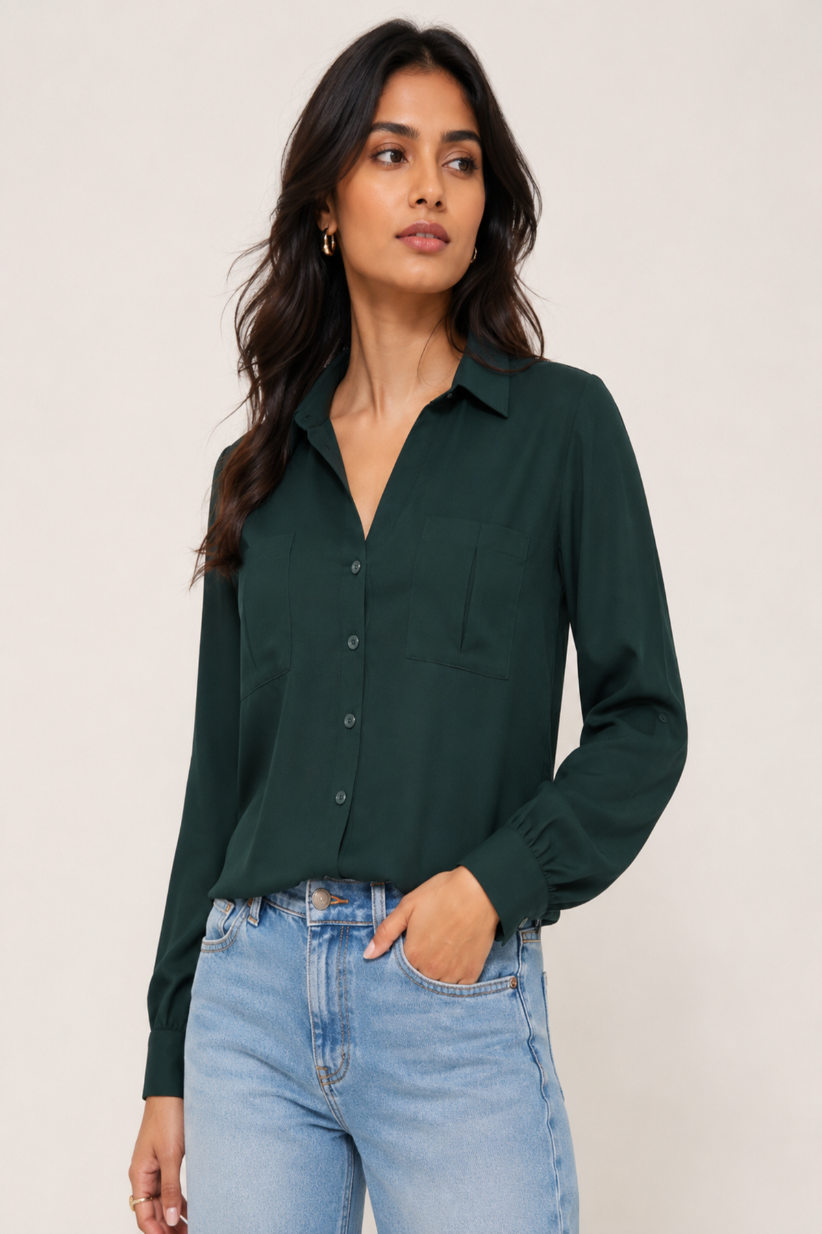 Emerald Collared V-Neck Button-Down Shirt