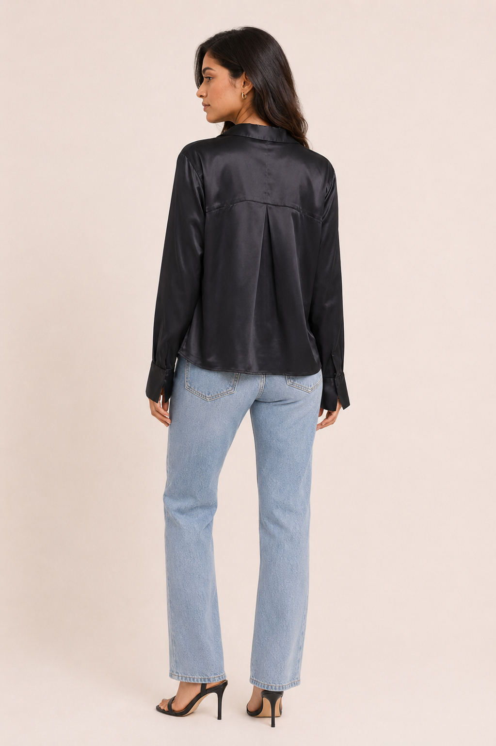 Effortless Black Satin Loose Fit Long Sleeve Top