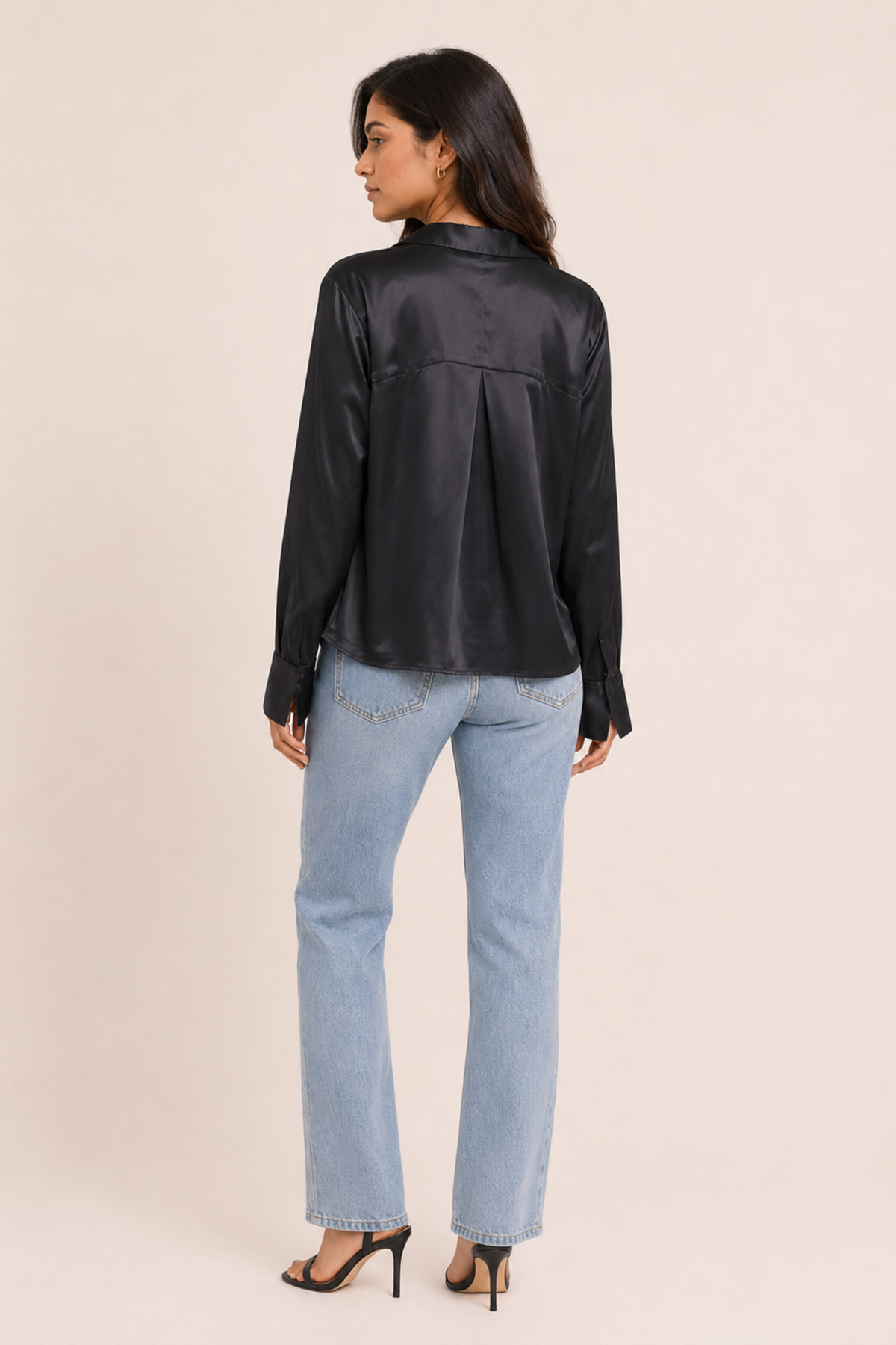 Effortless Black Satin Loose Fit Long Sleeve Top